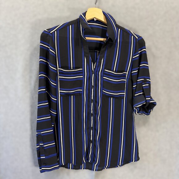 Express Sz Small Portofino Button Down Roll tab Blue Black White Striped Blouse - Picture 1 of 6